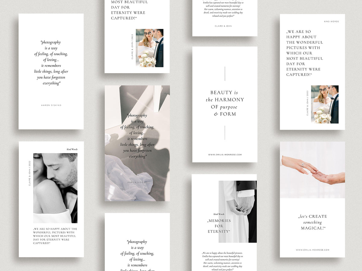 minimal modern canva wedding photography instagram story template, elegant clean instagram stories for wedding photographers by white tint design