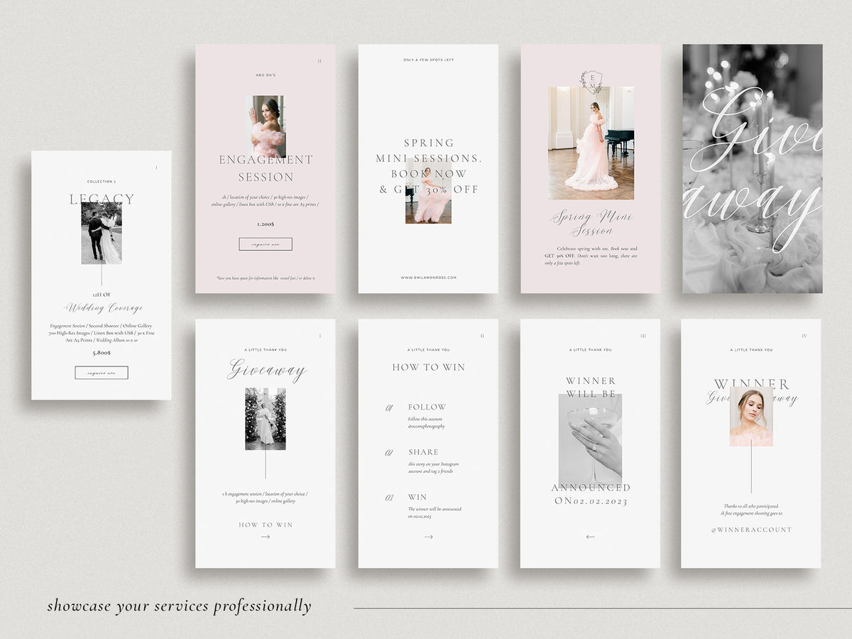 elegant modern romantic photography instagram canva template for wedding photographers by white tint design
