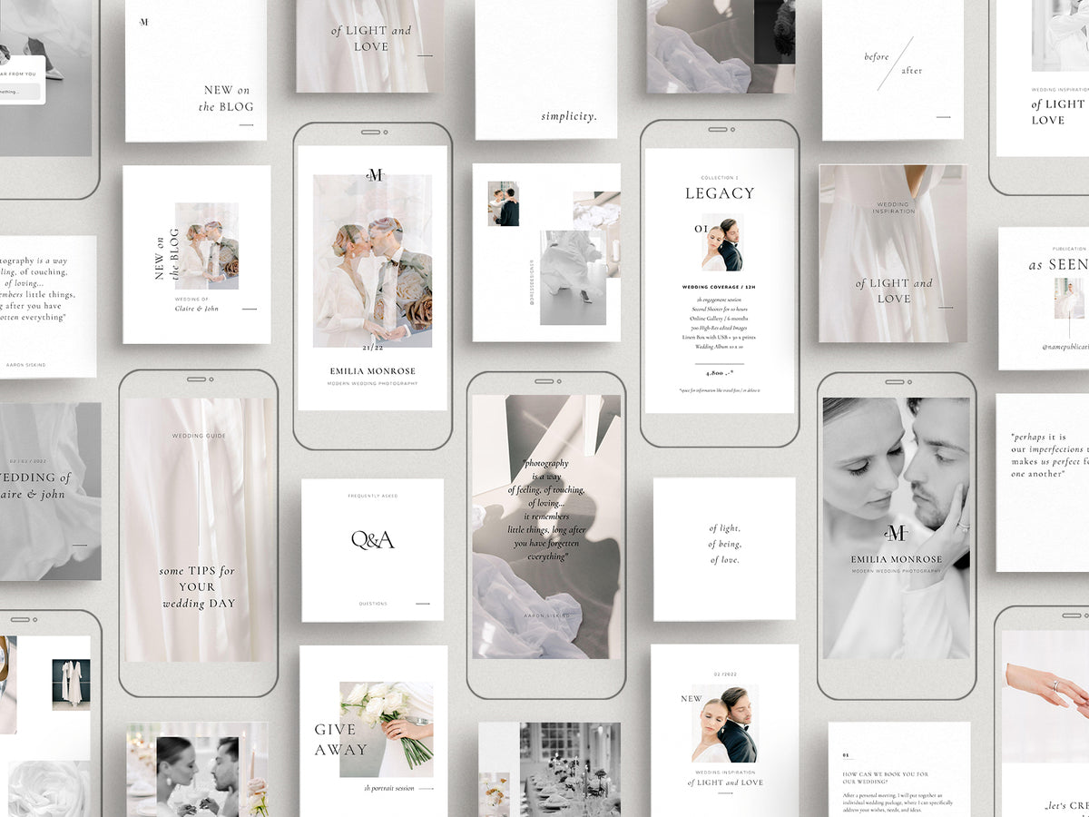 minimal modern elegant canva wedding photography instagram story template, elegant clean instagram posts templates for wedding photographers by white tint design