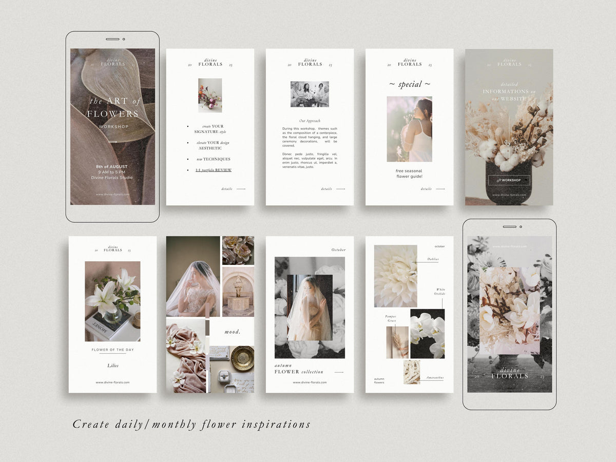 modern timeless minimal instagram bundle template editable in canva for wedding florists and floral designer social media template, instagram story and post template