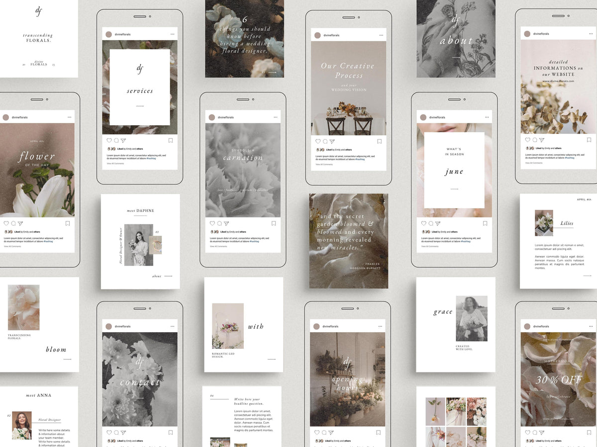 modern timeless minimal instagram post template editable in canva for wedding florists and floral designer social media template with two post carousels