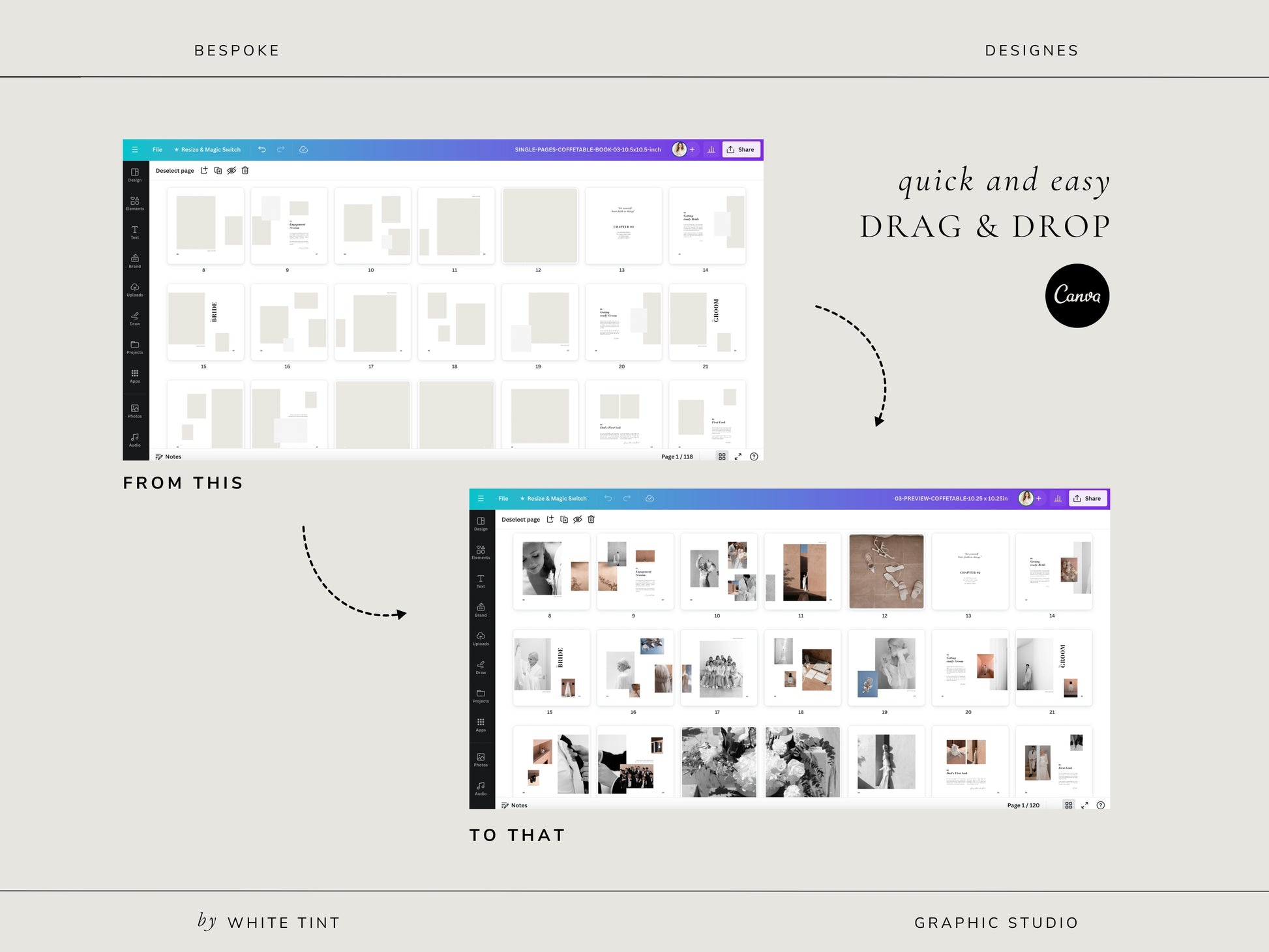 modern minimal printable coffee table wedding book magazine for photographers and newlywed couples editable in Canva