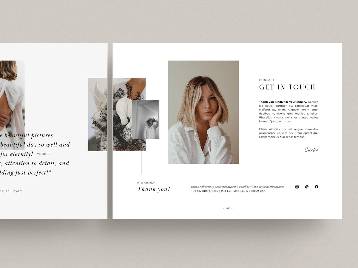 aesthetic modern minimal wedding photography service pricing guide client template editable in canva by white tint design