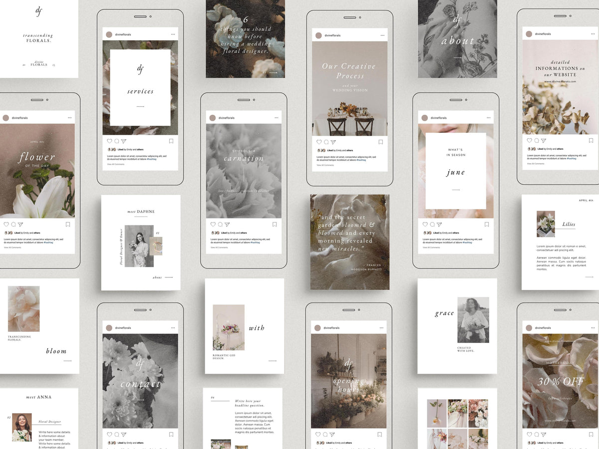 modern timeless minimal instagram bundle template editable in canva for wedding florists and floral designer social media template, instagram story and post template