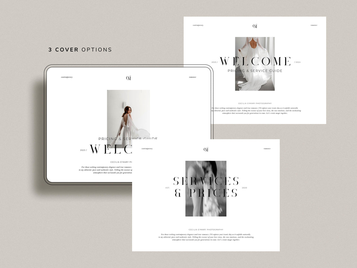 aesthetic modern minimal wedding photography service pricing guide client template editable in canva by white tint design