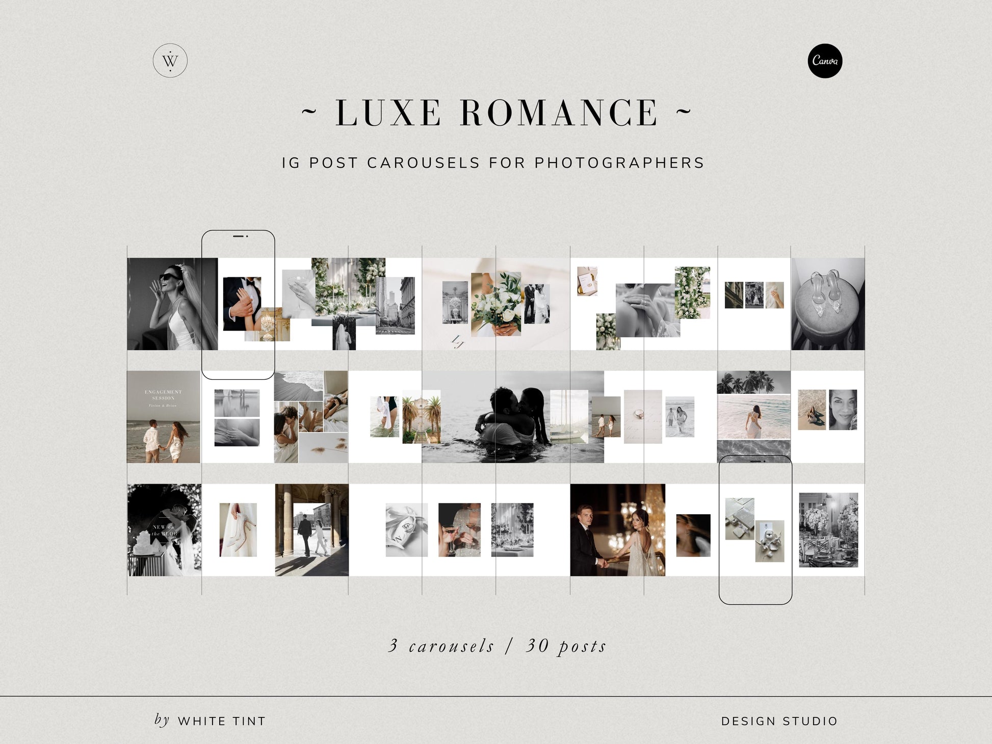 luxurious timeless minimal social media instagram carousel post templates editable in canva for wedding photographers