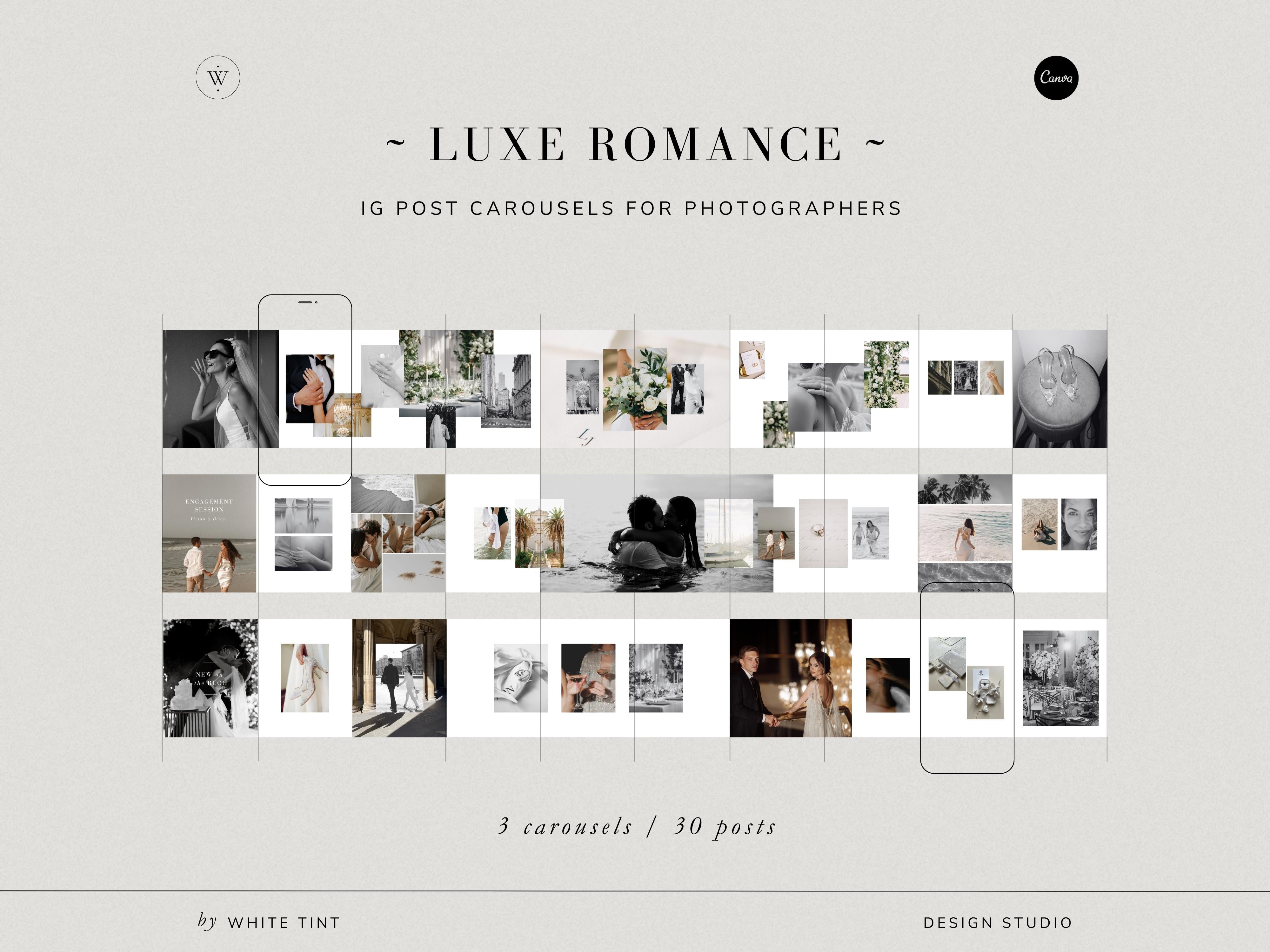 luxurious timeless minimal social media instagram carousel post templates editable in canva for wedding photographers