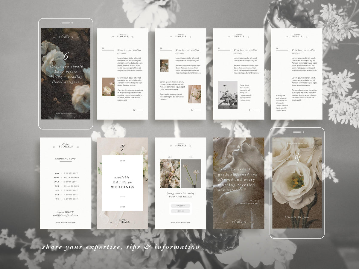 modern timeless minimal instagram bundle template editable in canva for wedding florists and floral designer social media template, instagram story and post template