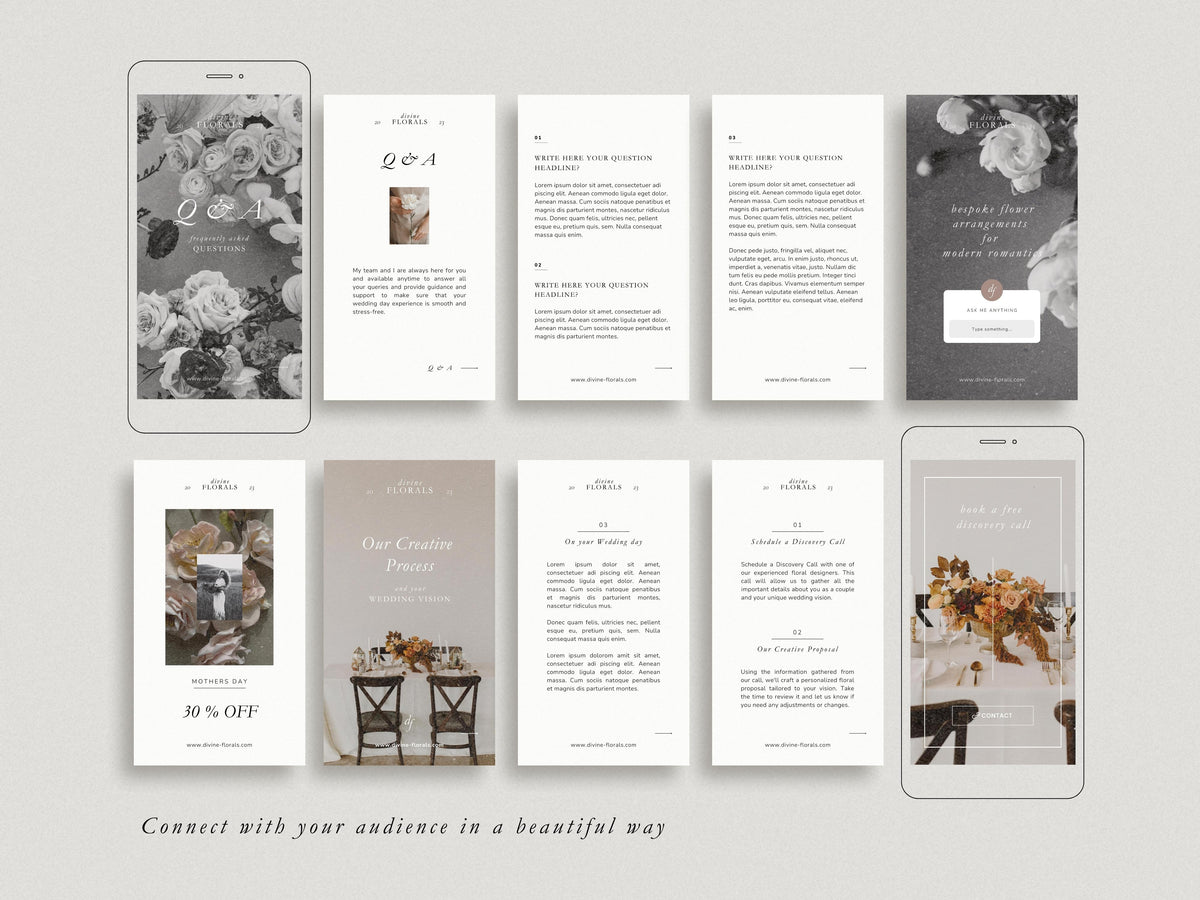 modern timeless minimal instagram bundle template editable in canva for wedding florists and floral designer social media template, instagram story and post template
