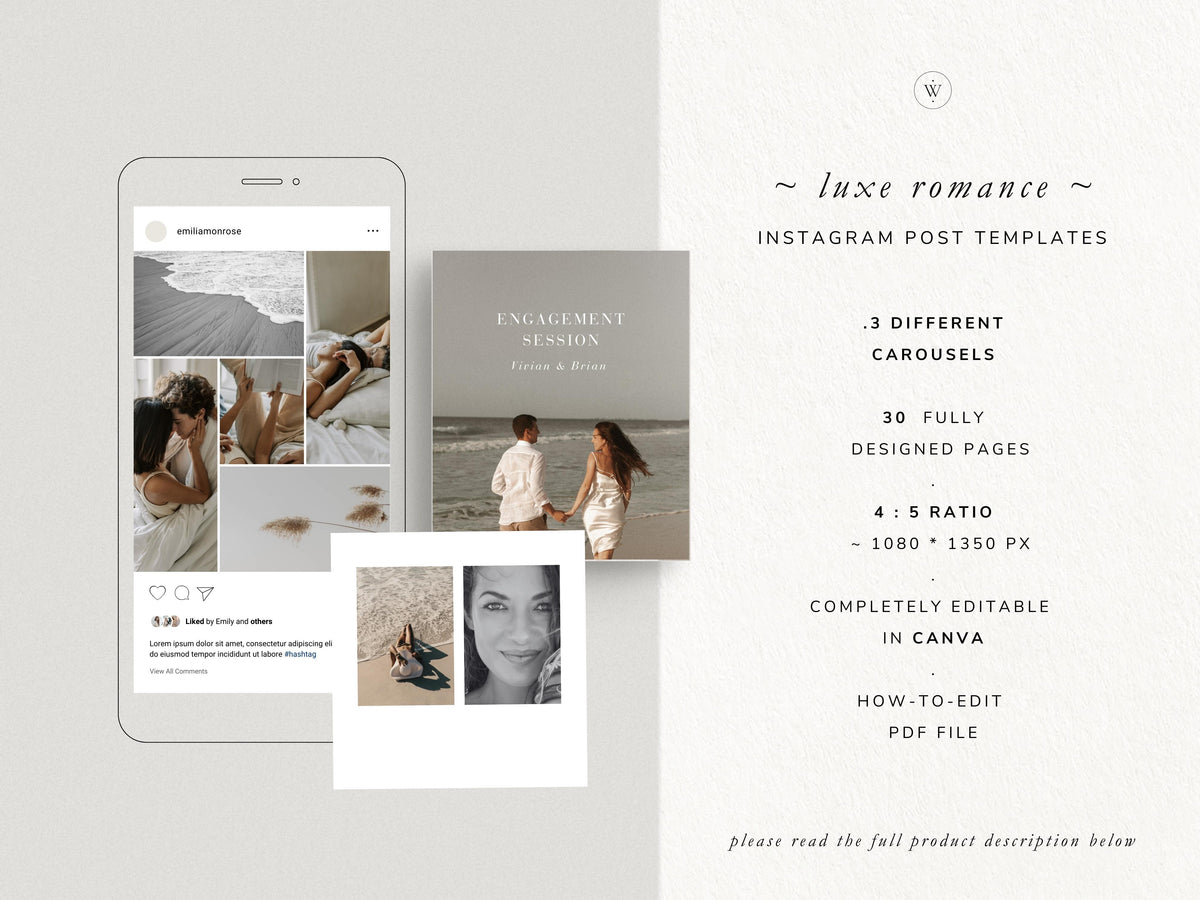 luxurious timeless minimal social media instagram carousel post templates editable in canva for wedding photographers