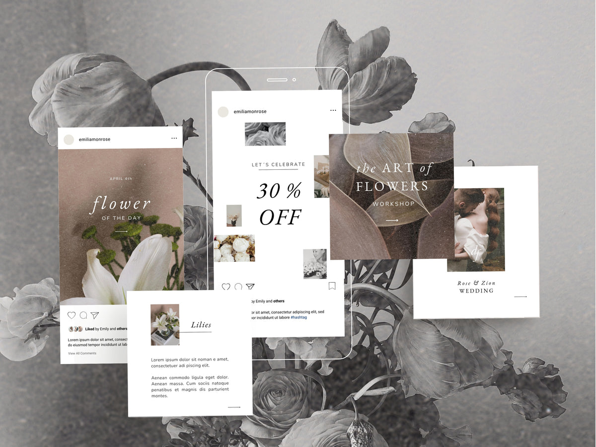 modern timeless minimal instagram post template editable in canva for wedding florists and floral designer social media template with two post carousels