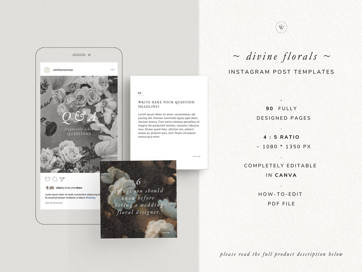 modern timeless minimal instagram post template editable in canva for wedding florists and floral designer social media template with two post carousels