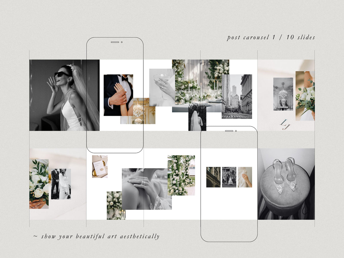 luxurious timeless minimal social media instagram carousel post templates editable in canva for wedding photographers