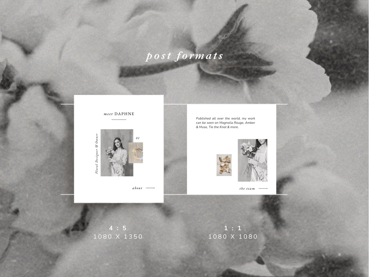 modern timeless minimal instagram post template editable in canva for wedding florists and floral designer social media template with two post carousels