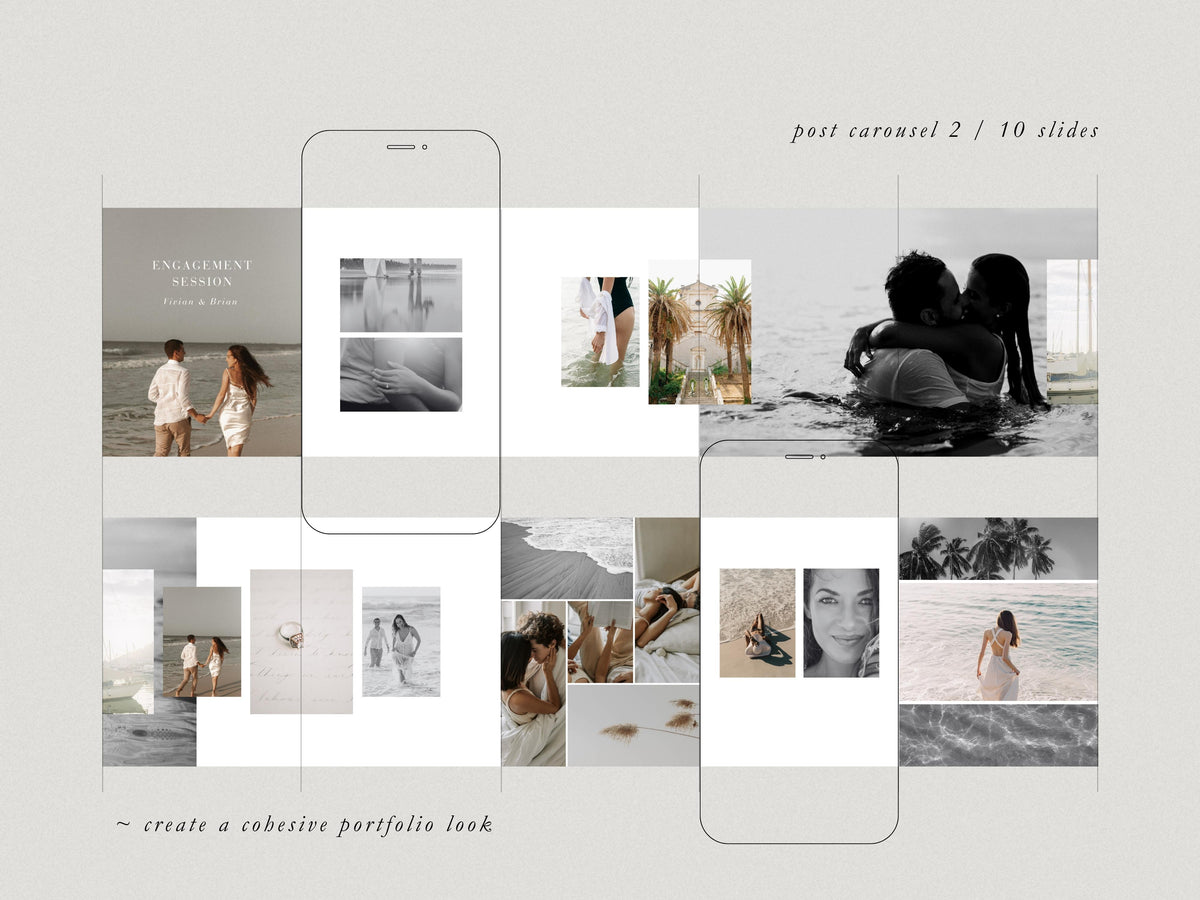 luxurious timeless minimal social media instagram carousel post templates editable in canva for wedding photographers