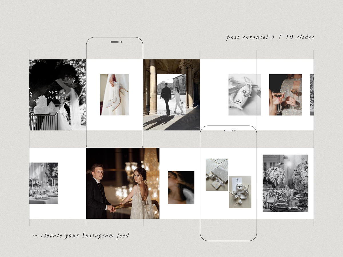 luxurious timeless minimal social media instagram carousel post templates editable in canva for wedding photographers