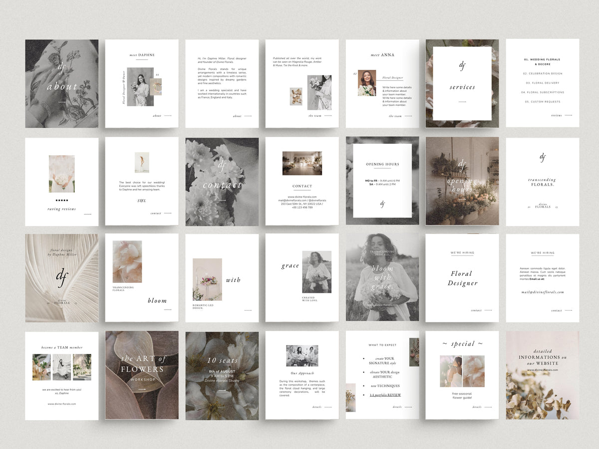 modern timeless minimal instagram bundle template editable in canva for wedding florists and floral designer social media template, instagram story and post template