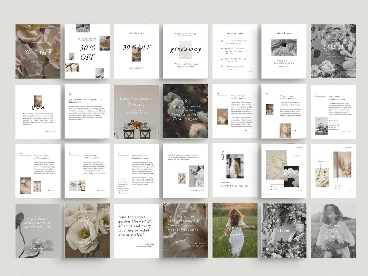 modern timeless minimal instagram bundle template editable in canva for wedding florists and floral designer social media template, instagram story and post template