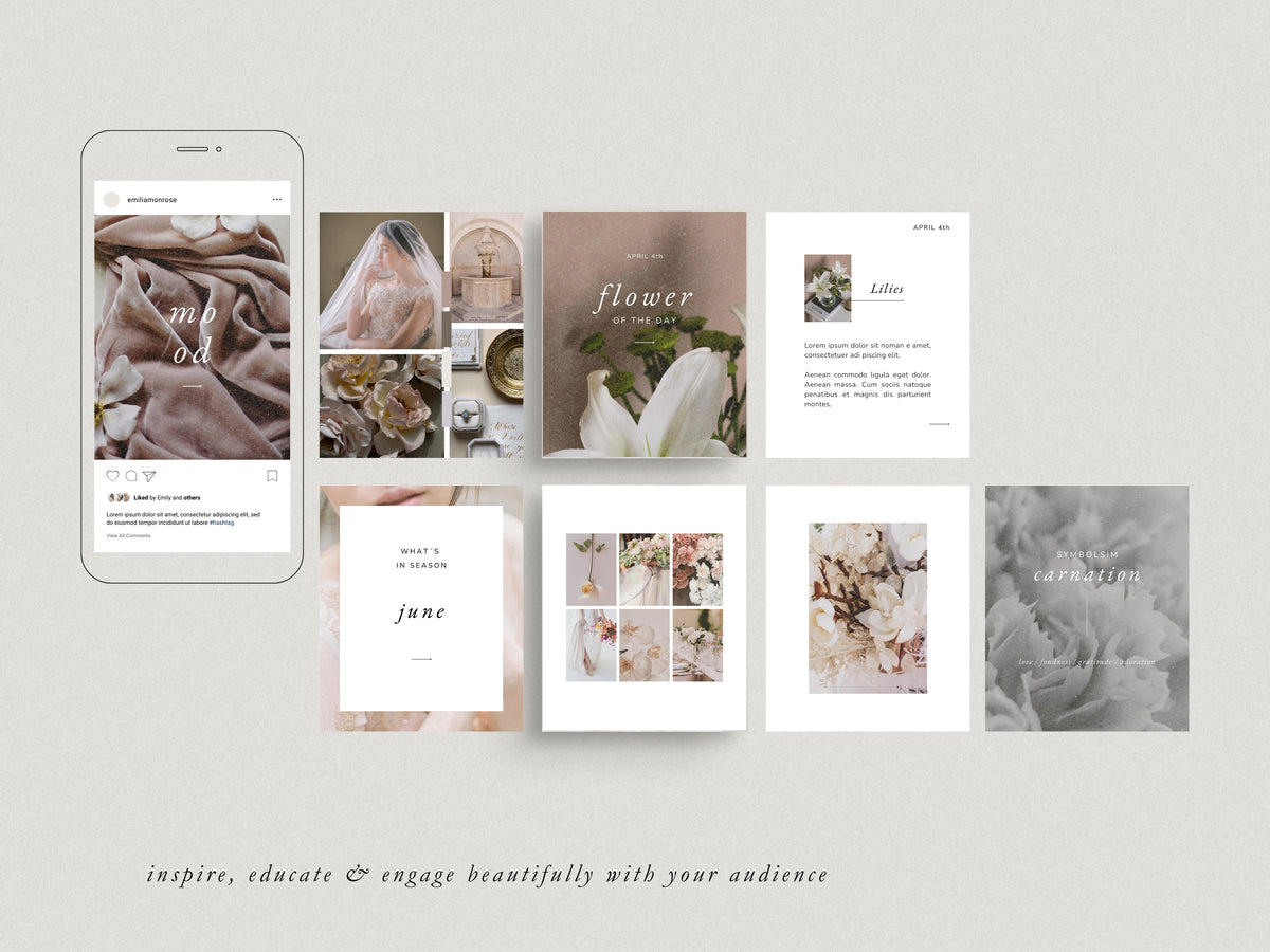 modern timeless minimal instagram post template editable in canva for wedding florists and floral designer social media template with two post carousels