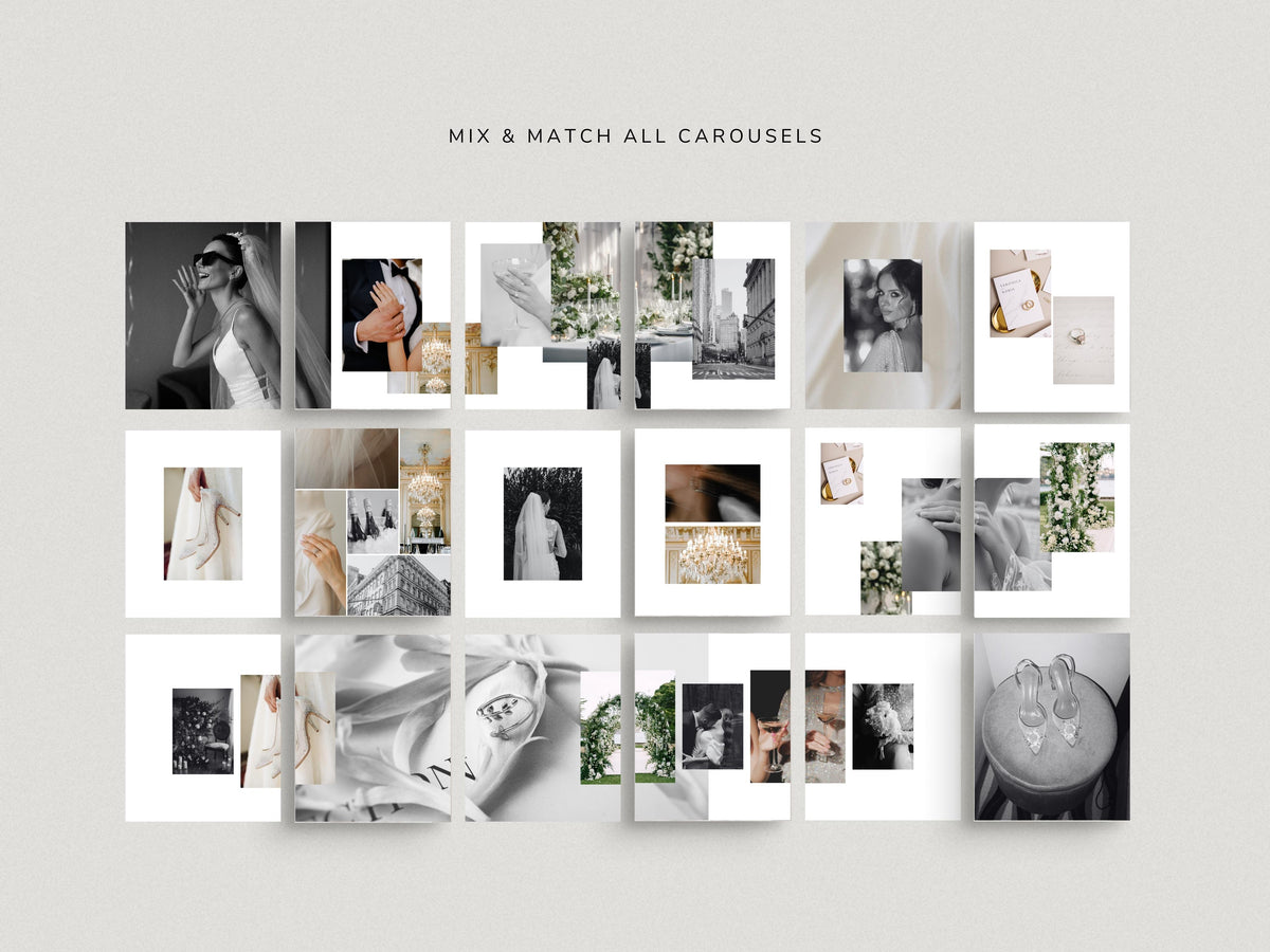 luxurious timeless minimal social media instagram carousel post templates editable in canva for wedding photographers