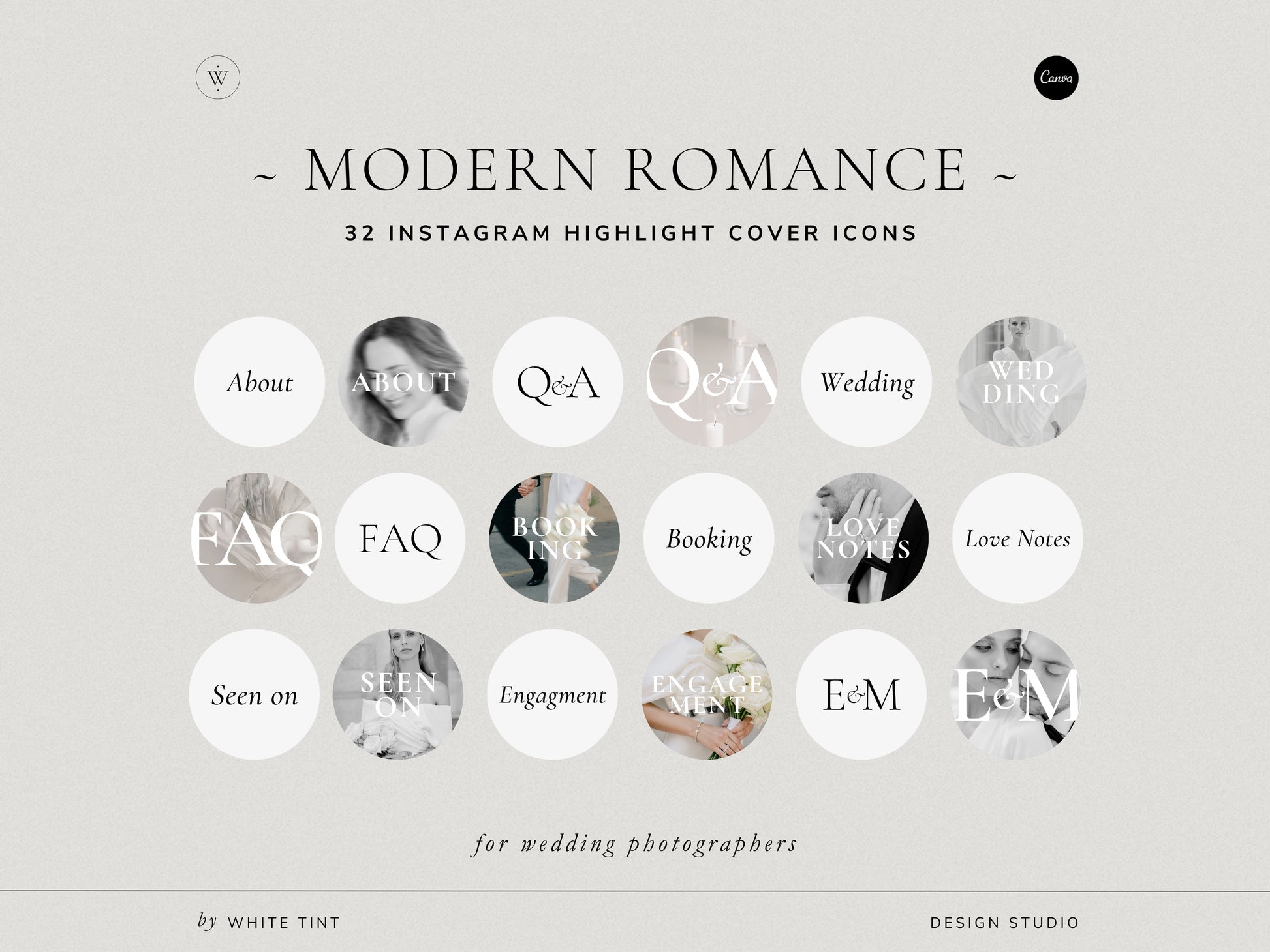 minimal modern aesthetic Canva wedding photography Instagram story highlights cover template, elegant clean Instagram story icons for wedding photographers, social media IG templates by white tint design