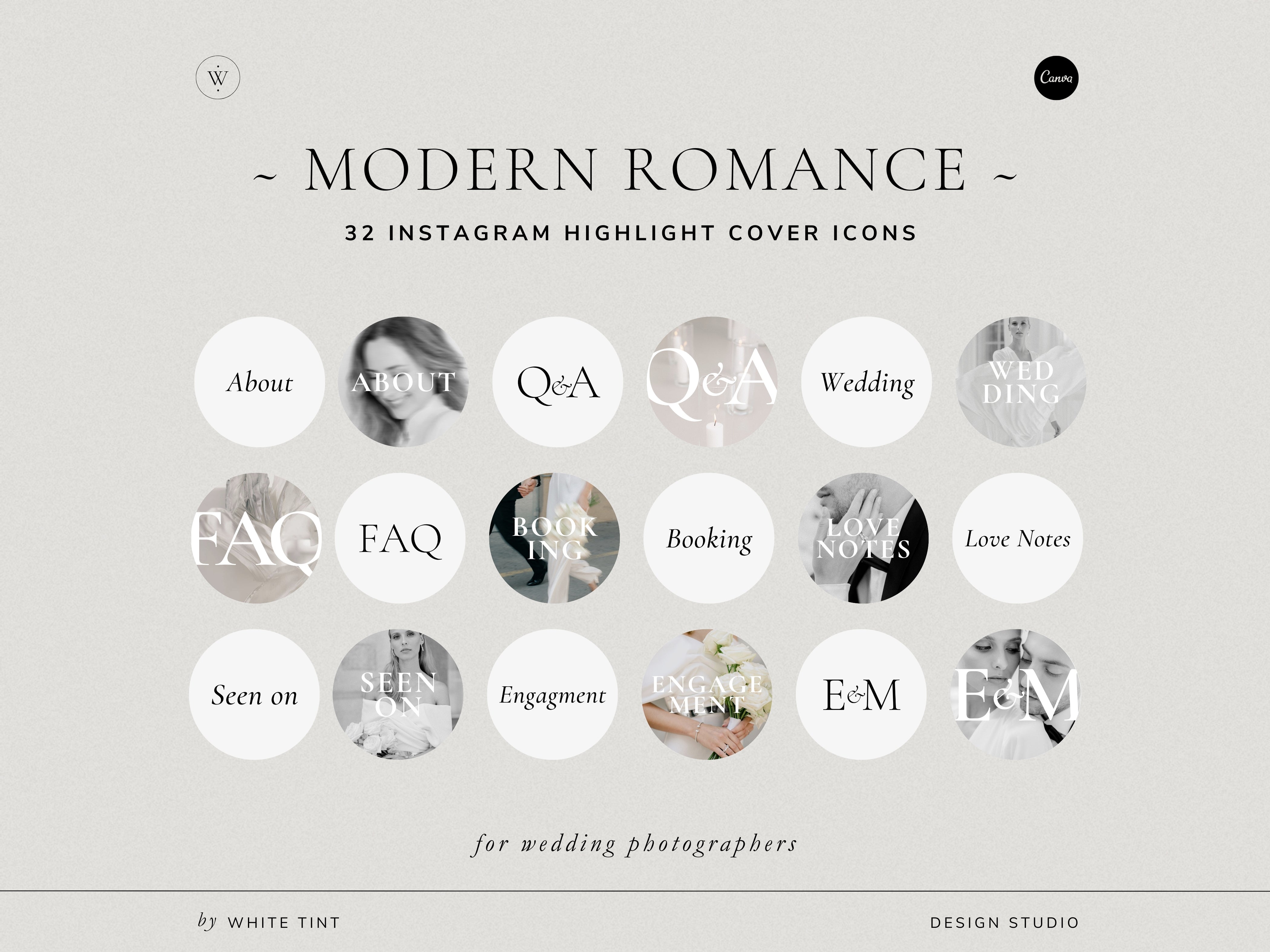 minimal modern aesthetic Canva wedding photography Instagram story highlights cover template, elegant clean Instagram story icons for wedding photographers, social media IG templates by white tint design
