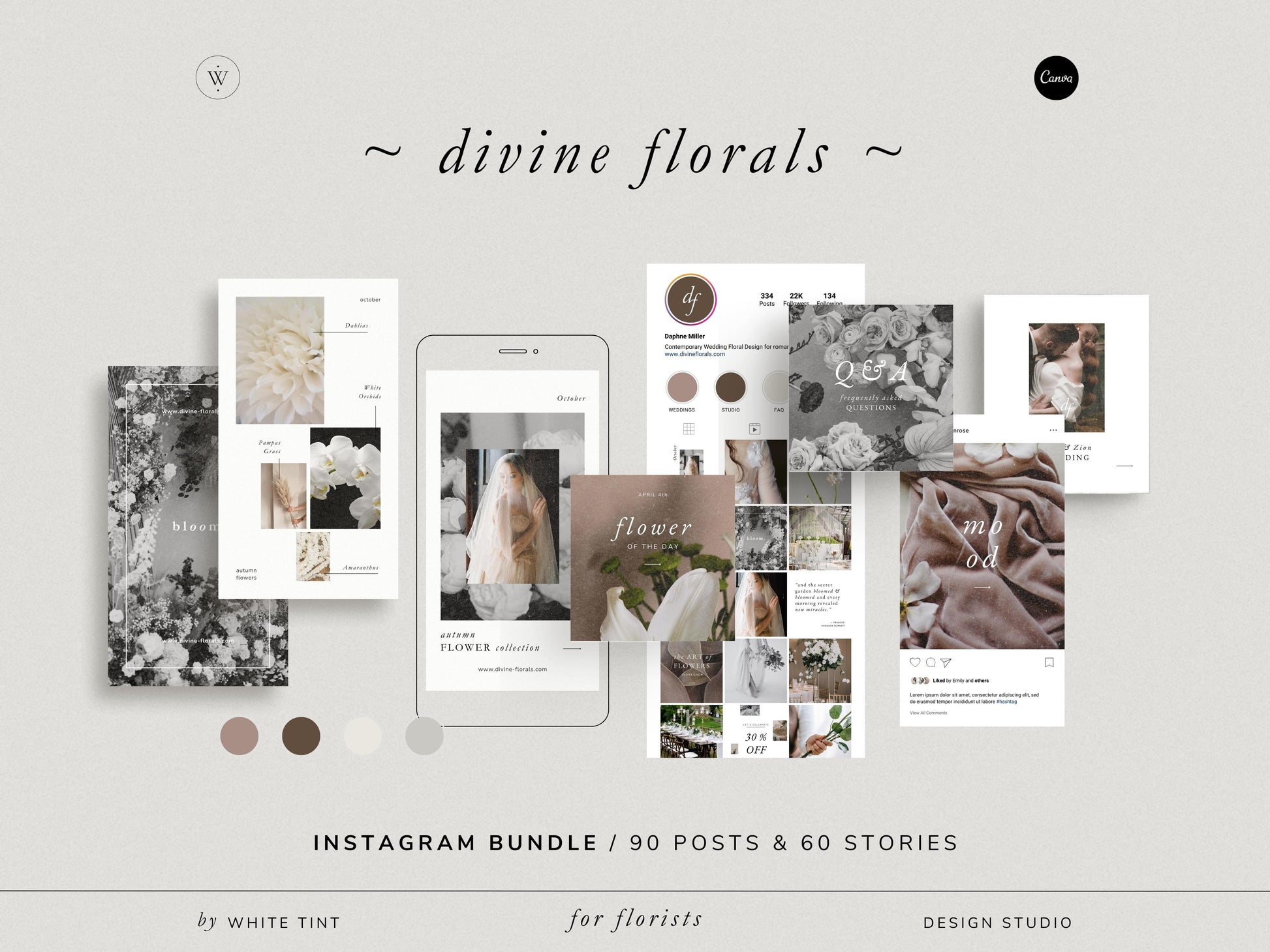 modern timeless minimal instagram bundle template editable in canva for wedding florists and floral designer social media template, instagram story and post template
