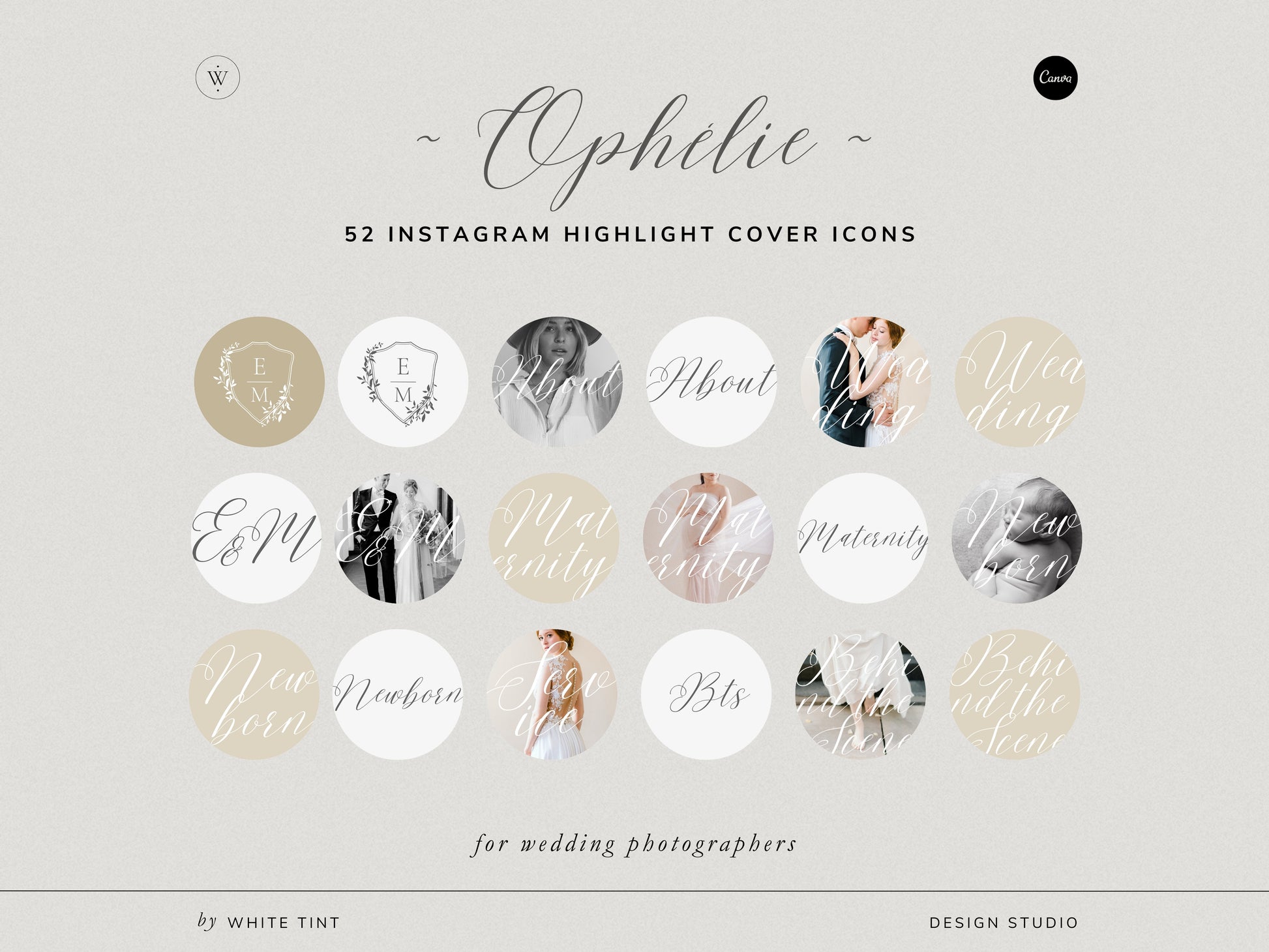 elegant modern aesthetic Canva wedding photography Instagram story highlights cover template, classic romantic Instagram story icons for wedding photographers, social media IG templates by white tint design