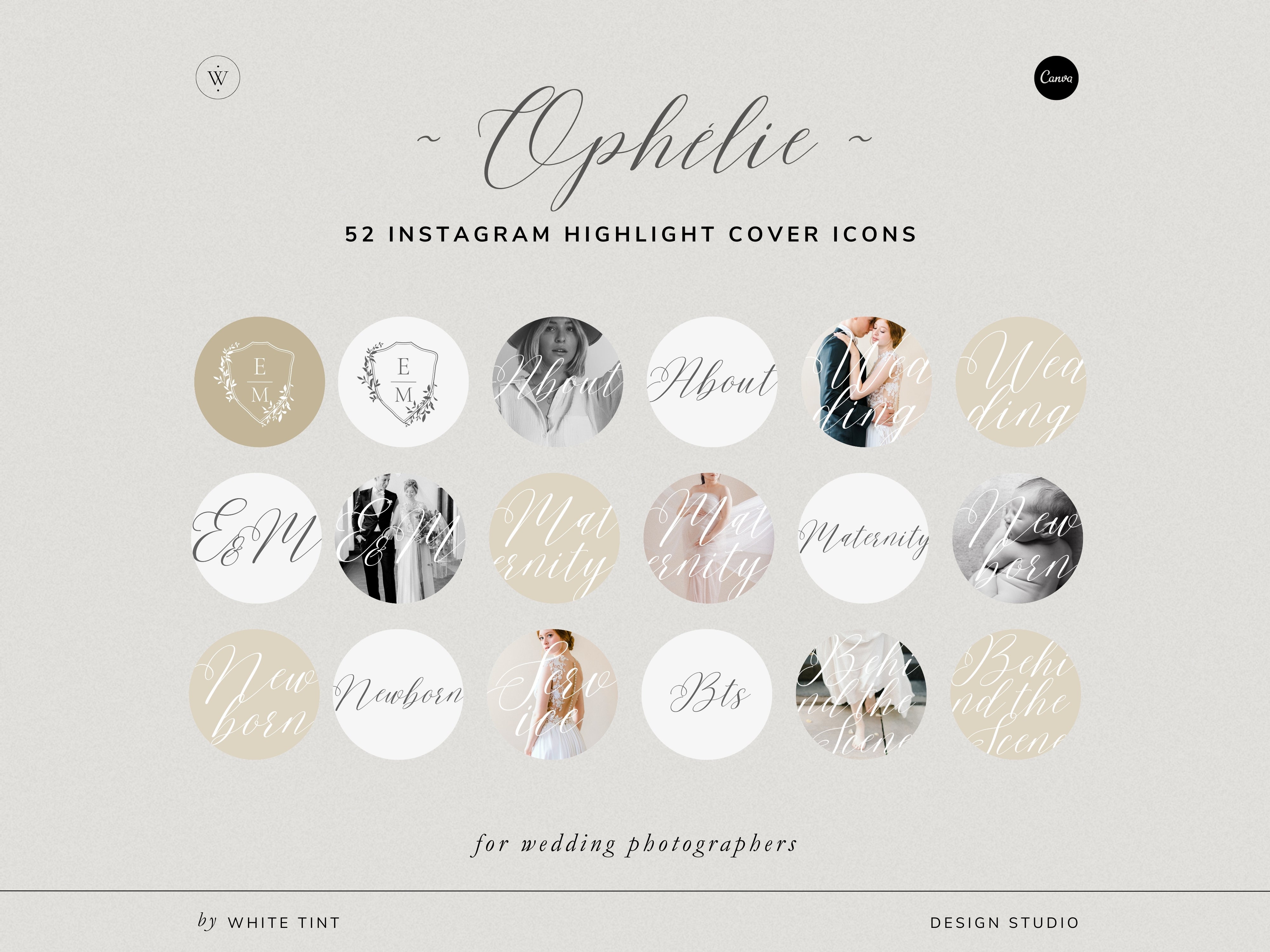 elegant modern aesthetic Canva wedding photography Instagram story highlights cover template, classic romantic Instagram story icons for wedding photographers, social media IG templates by white tint design
