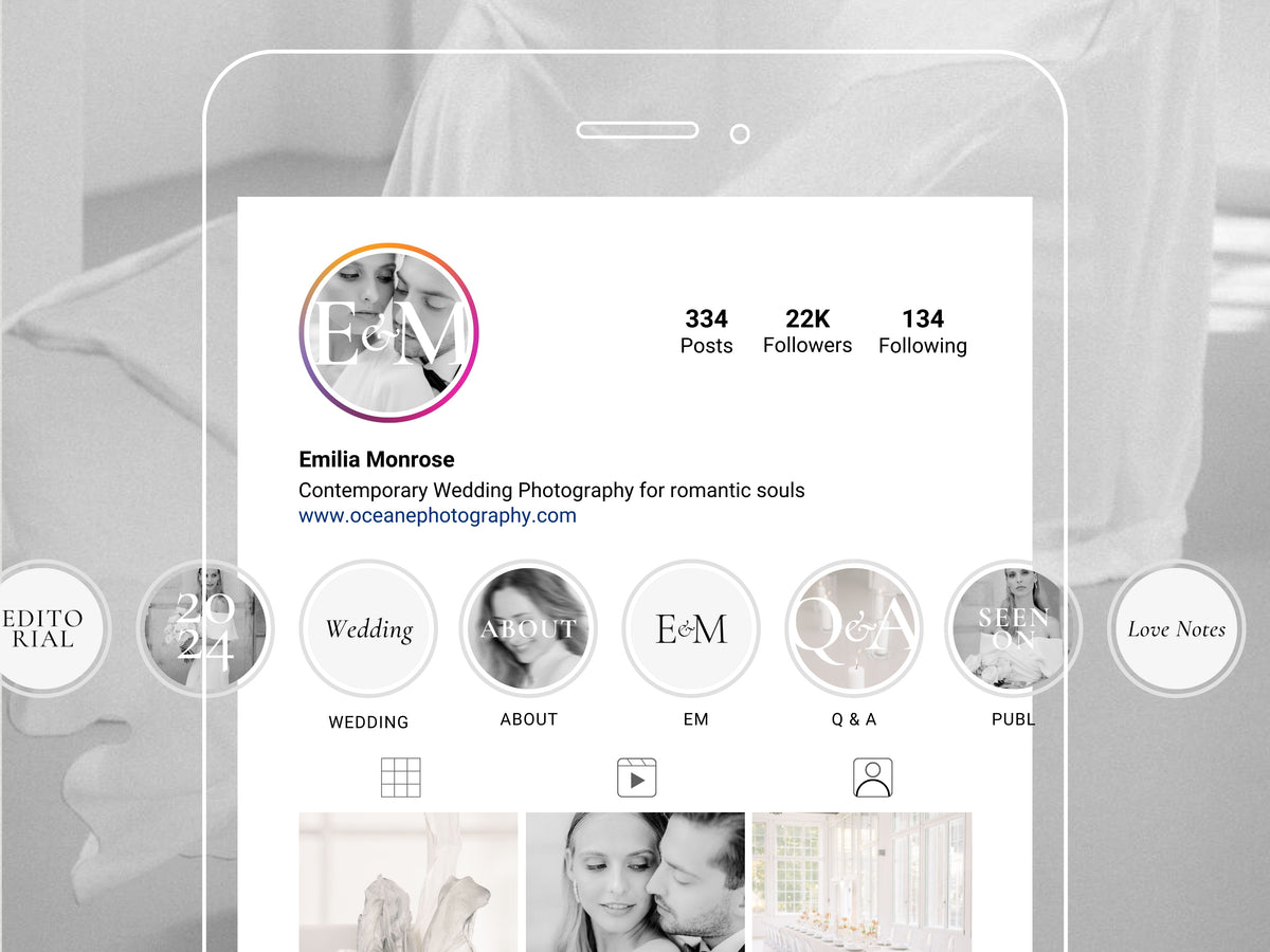 minimal modern aesthetic Canva wedding photography Instagram story highlights cover template, elegant clean Instagram story icons for wedding photographers, social media IG templates by white tint design