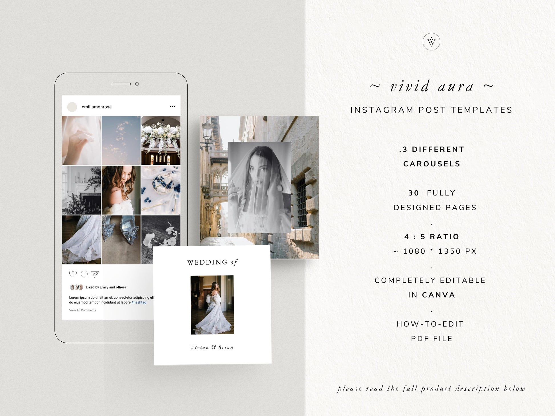 modern timeless minimal social media instagram carousel post templates editable in canva for wedding photographers