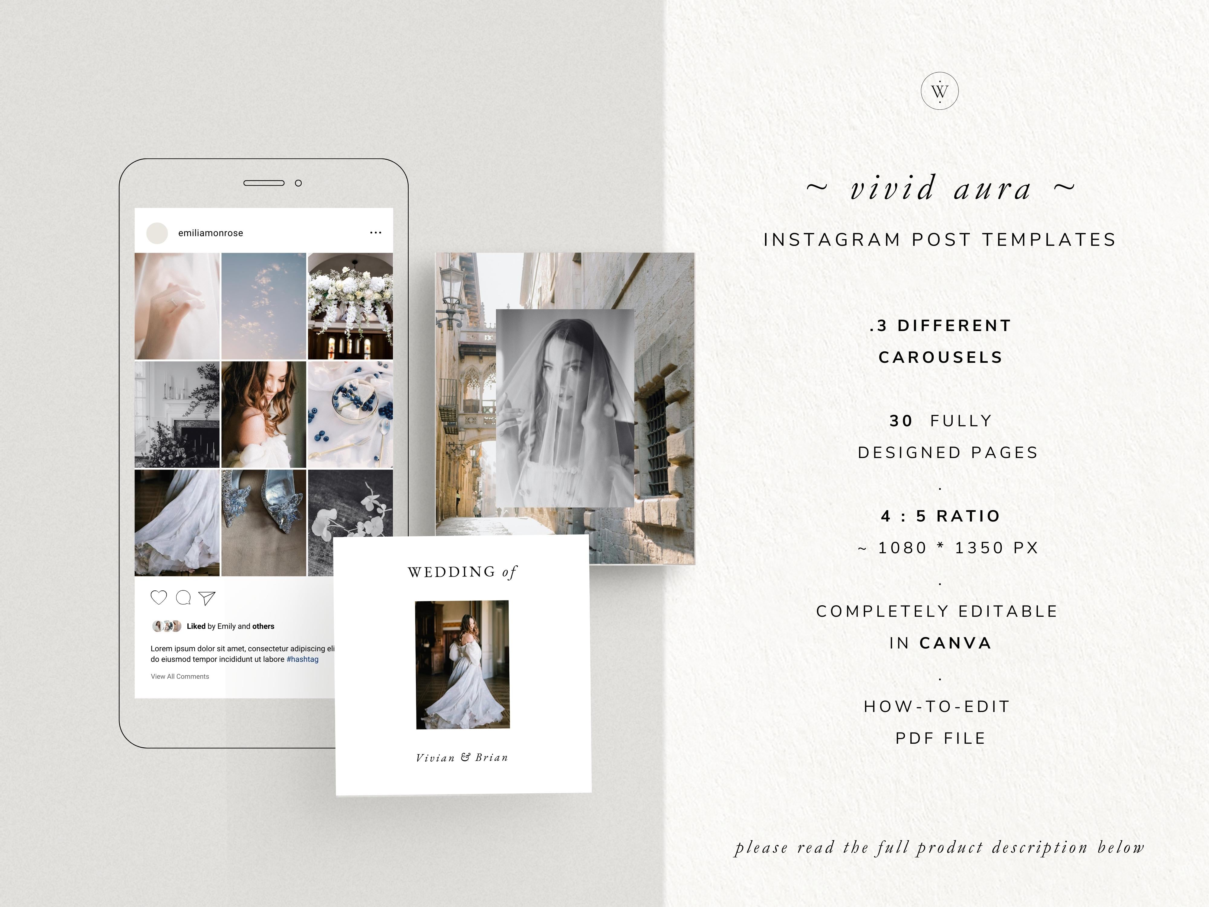 modern timeless minimal social media instagram carousel post templates editable in canva for wedding photographers