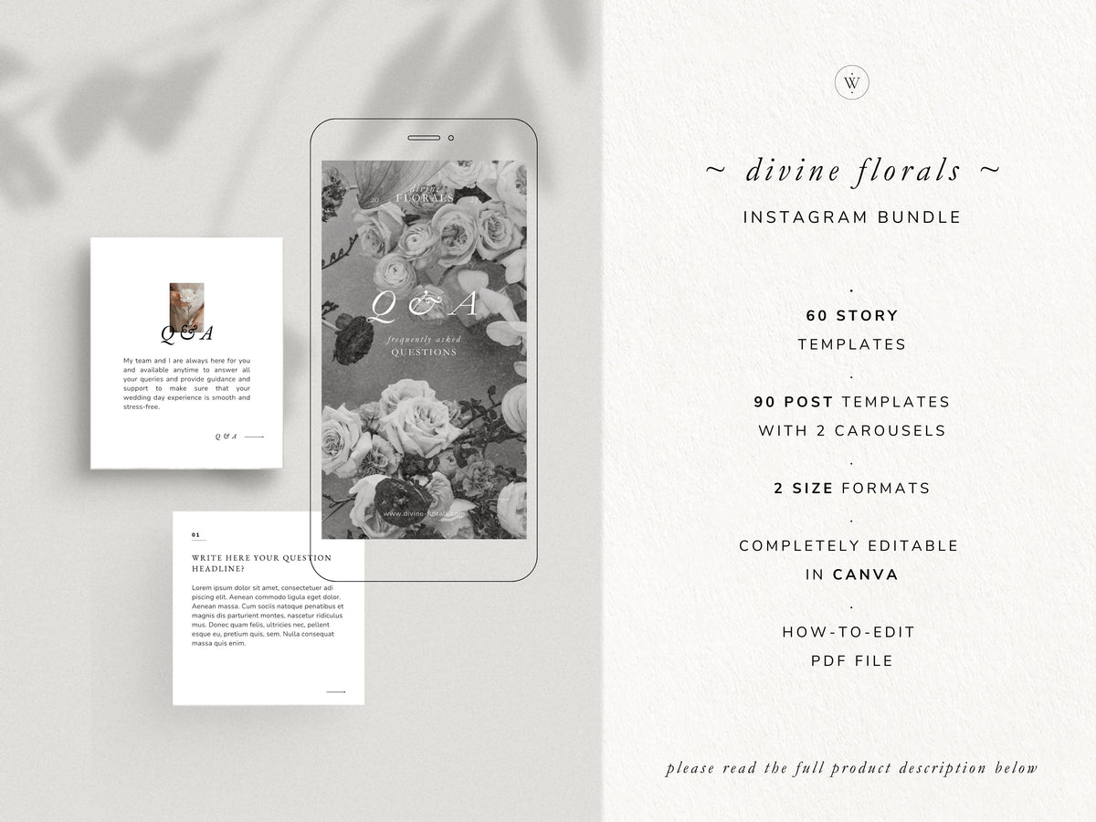 modern timeless minimal instagram bundle template editable in canva for wedding florists and floral designer social media template, instagram story and post template