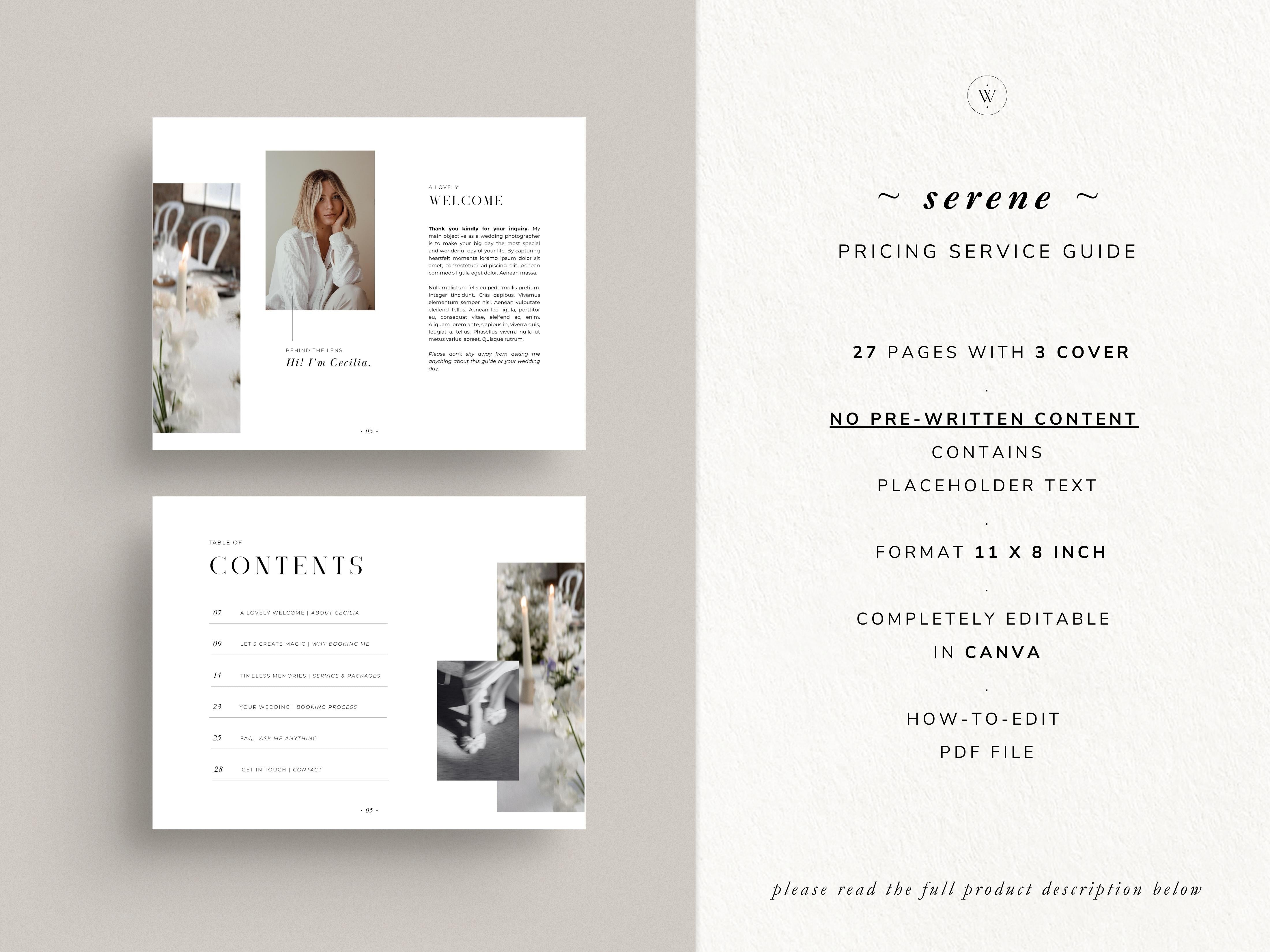 aesthetic modern minimal wedding photography service pricing guide client template editable in canva by white tint design