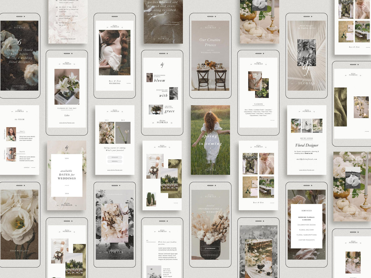 modern timeless minimal instagram bundle template editable in canva for wedding florists and floral designer social media template, instagram story and post template