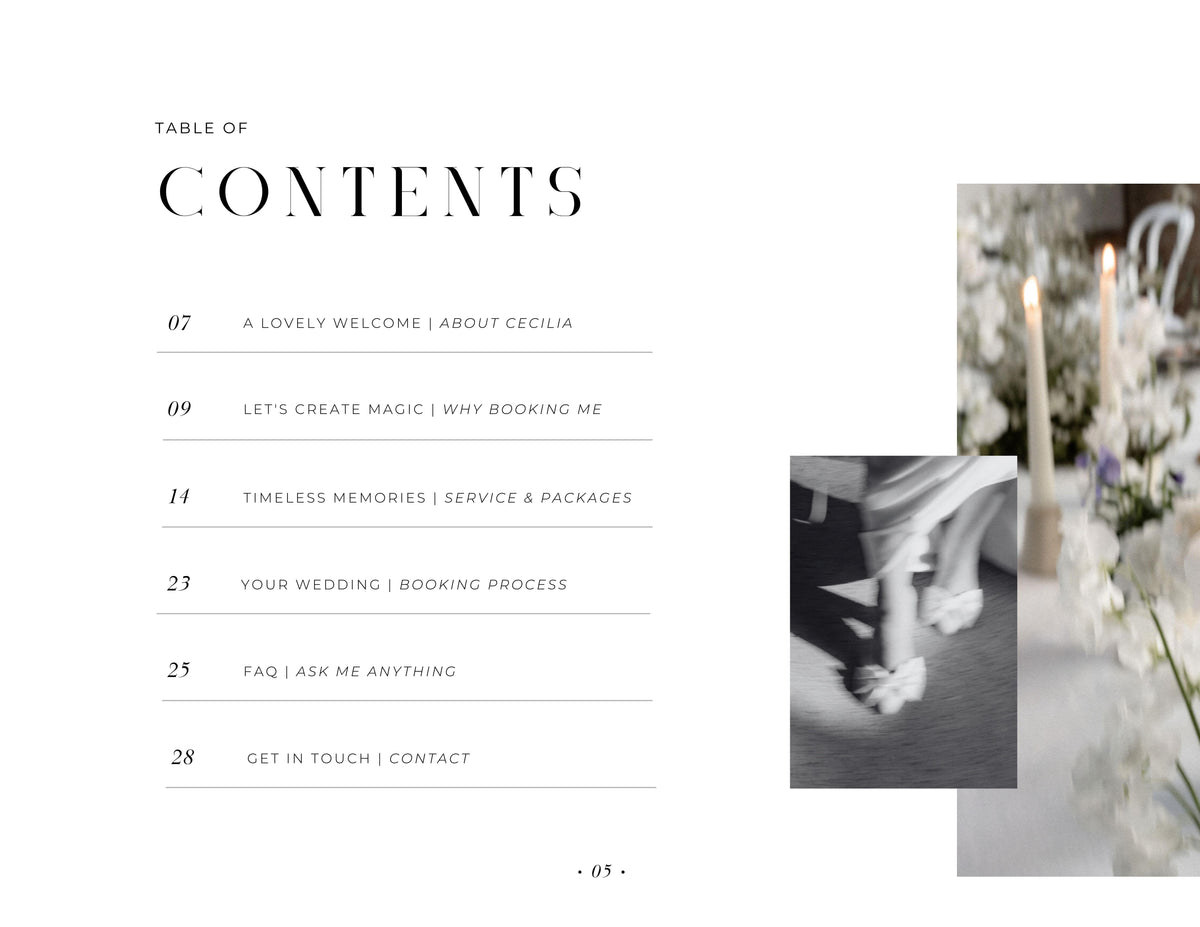 aesthetic modern minimal wedding photography service pricing guide client template editable in canva by white tint design