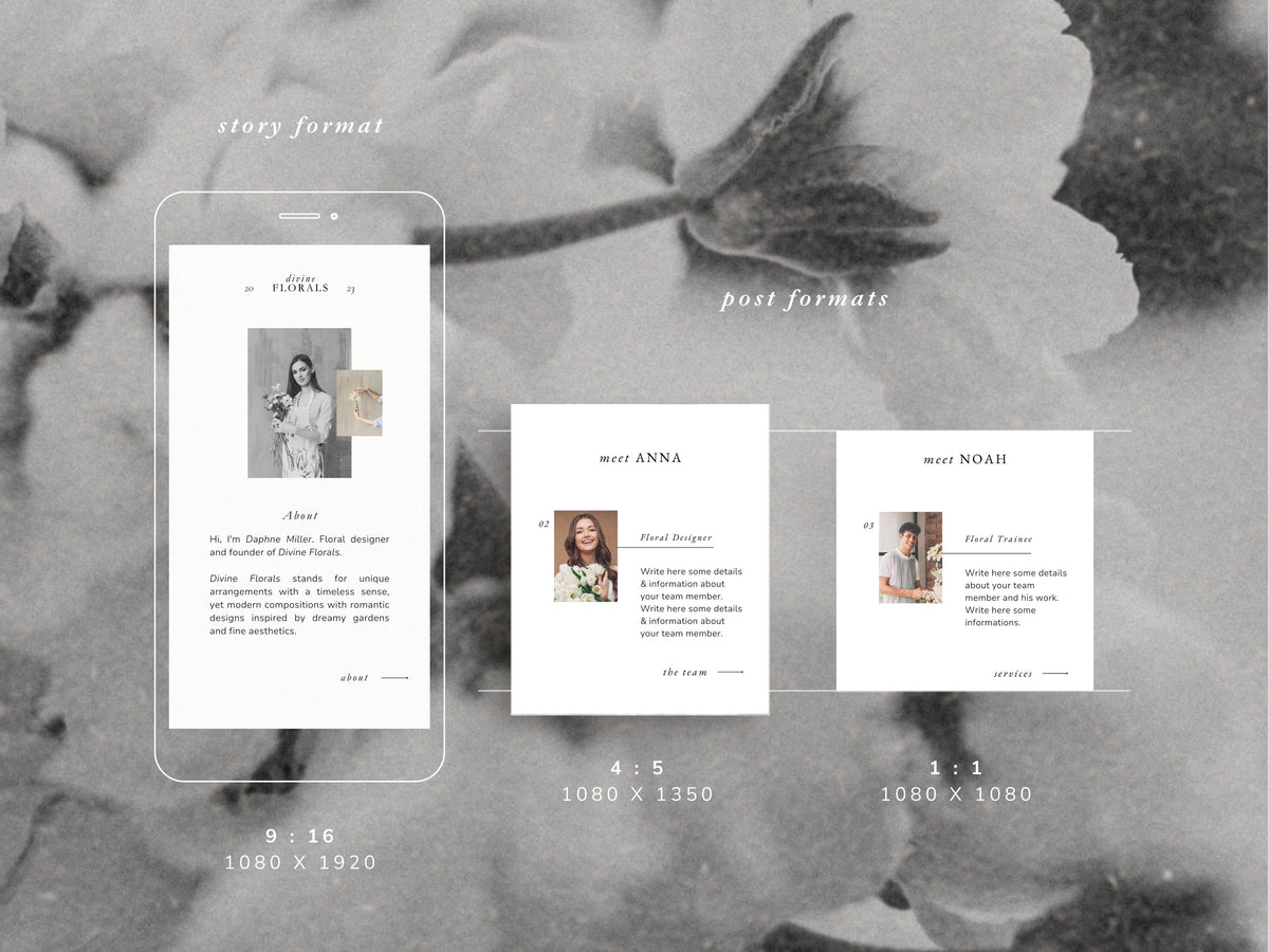 modern timeless minimal instagram bundle template editable in canva for wedding florists and floral designer social media template, instagram story and post template