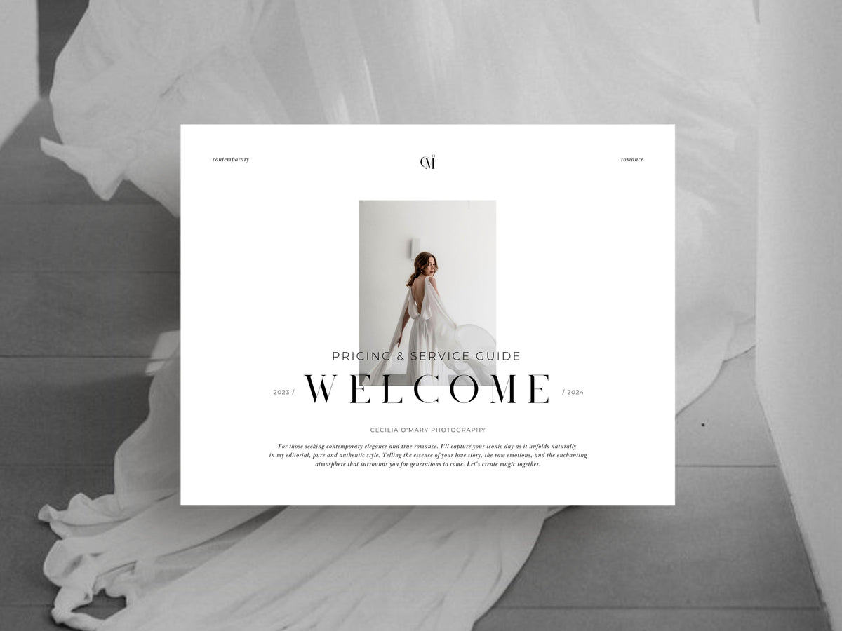 aesthetic modern minimal wedding photography service pricing guide client template editable in canva by white tint design
