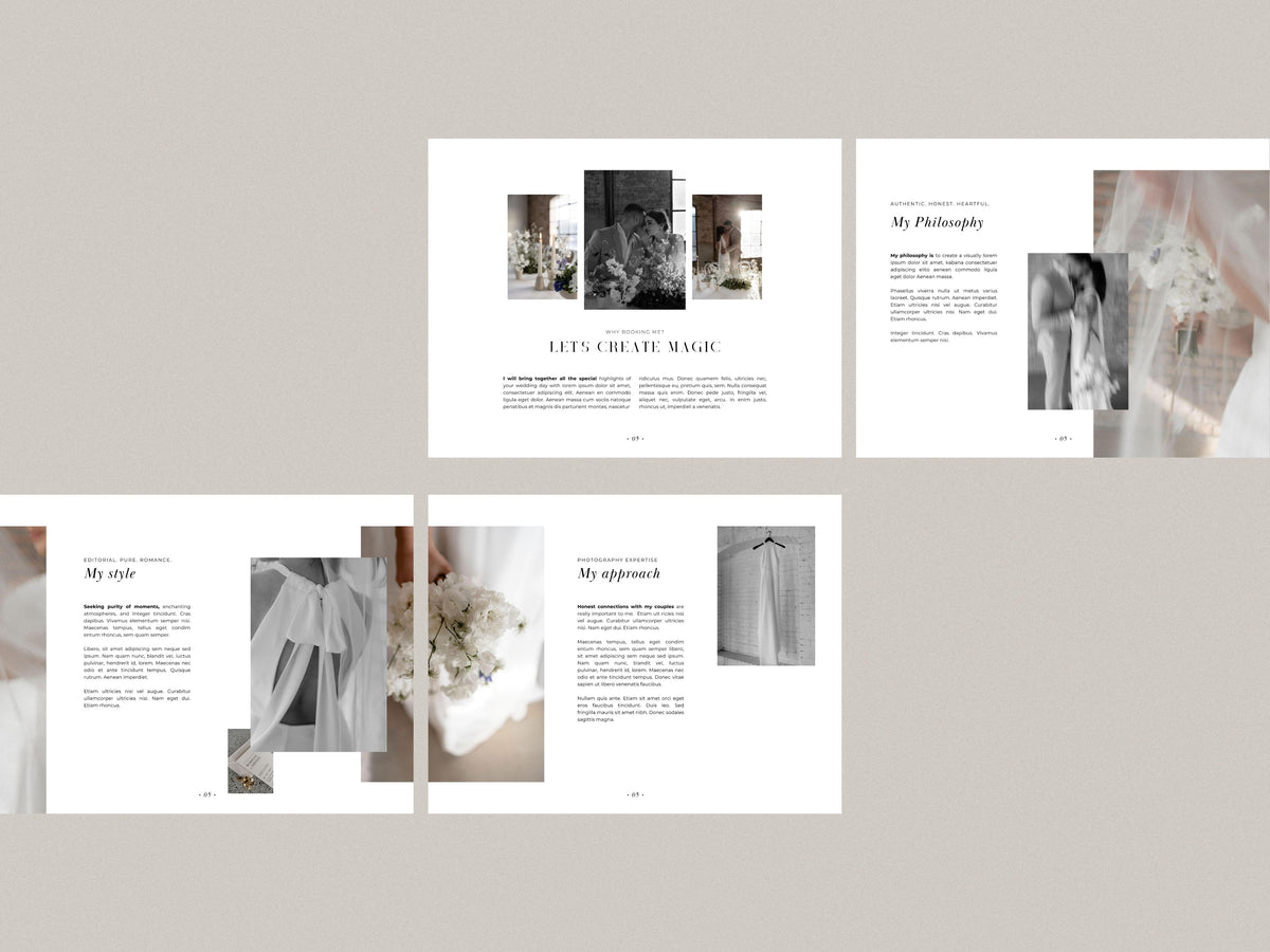 aesthetic modern minimal wedding photography service pricing guide client template editable in canva by white tint design