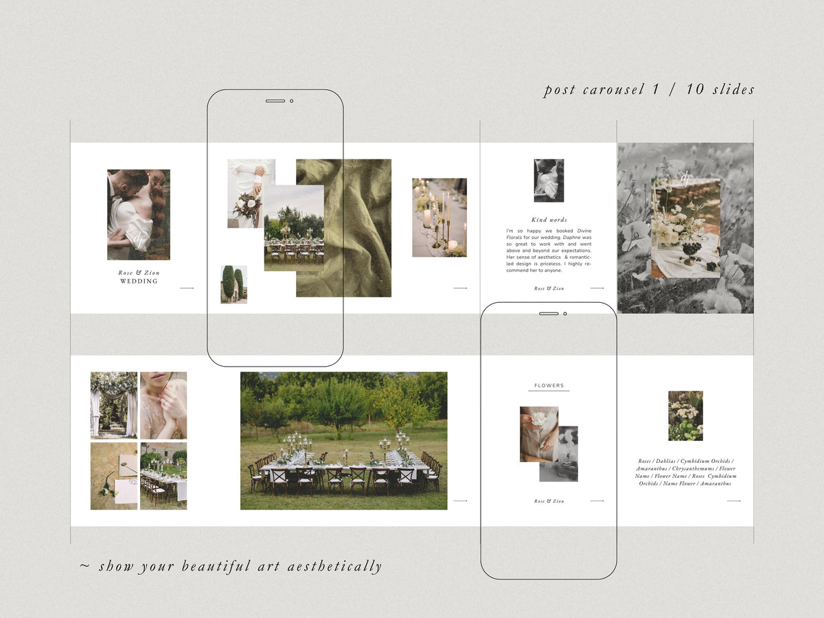 modern timeless minimal instagram post template editable in canva for wedding florists and floral designer social media template with two post carousels