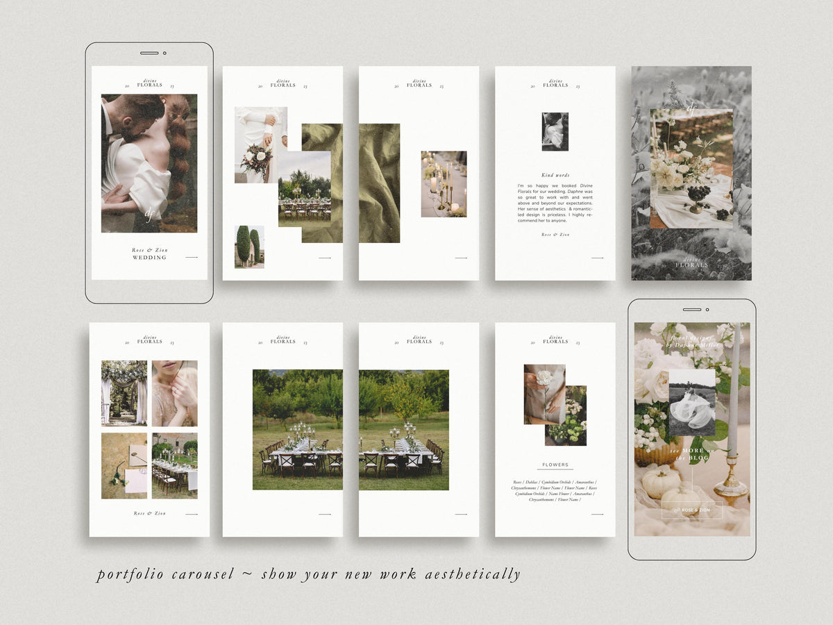 modern timeless minimal instagram bundle template editable in canva for wedding florists and floral designer social media template, instagram story and post template