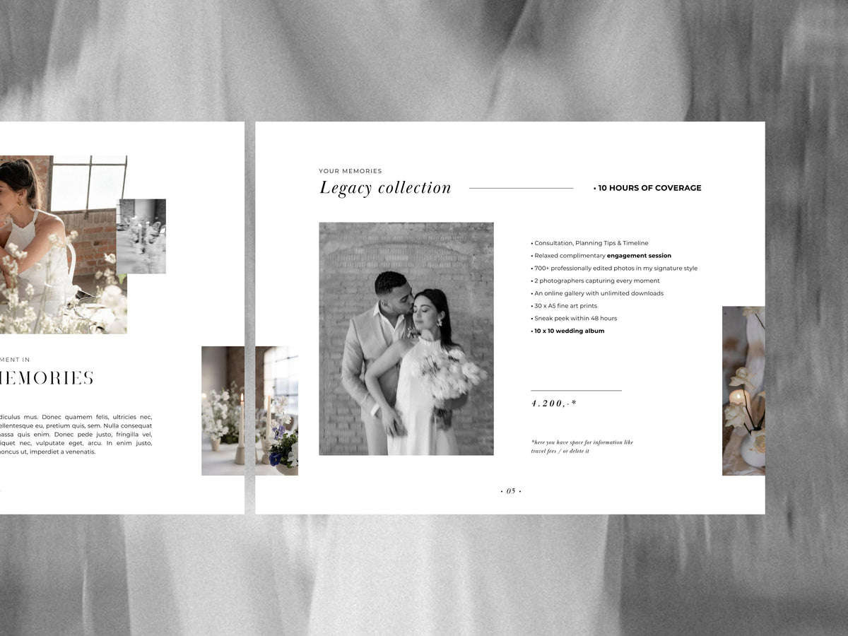 aesthetic modern minimal wedding photography service pricing guide client template editable in canva by white tint design