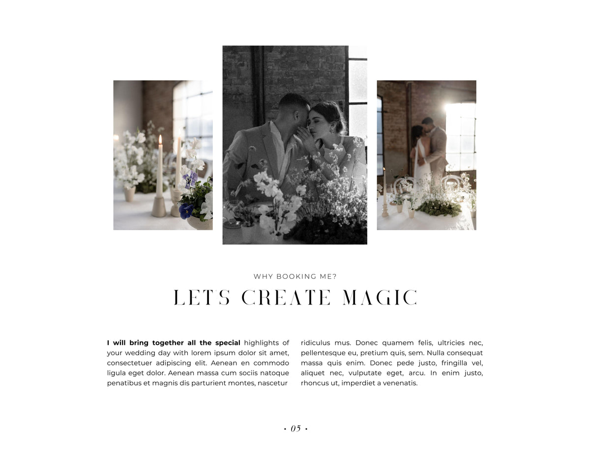 aesthetic modern minimal wedding photography service pricing guide client template editable in canva by white tint design