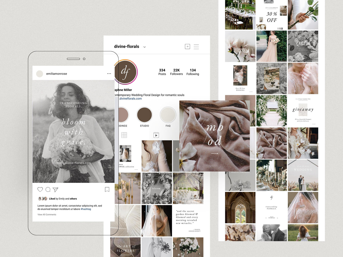 modern timeless minimal instagram bundle template editable in canva for wedding florists and floral designer social media template, instagram story and post template