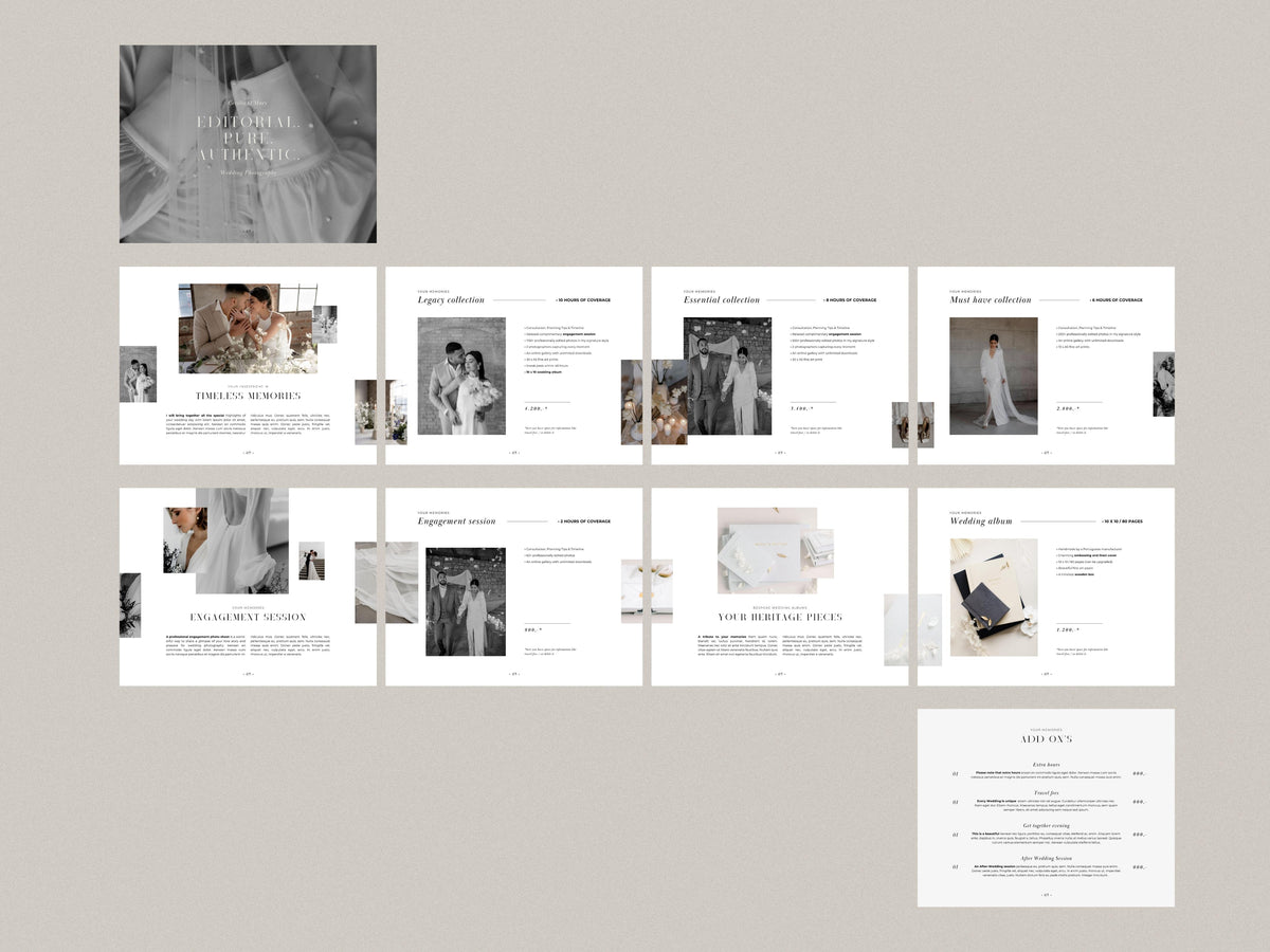 aesthetic modern minimal wedding photography service pricing guide client template editable in canva by white tint design