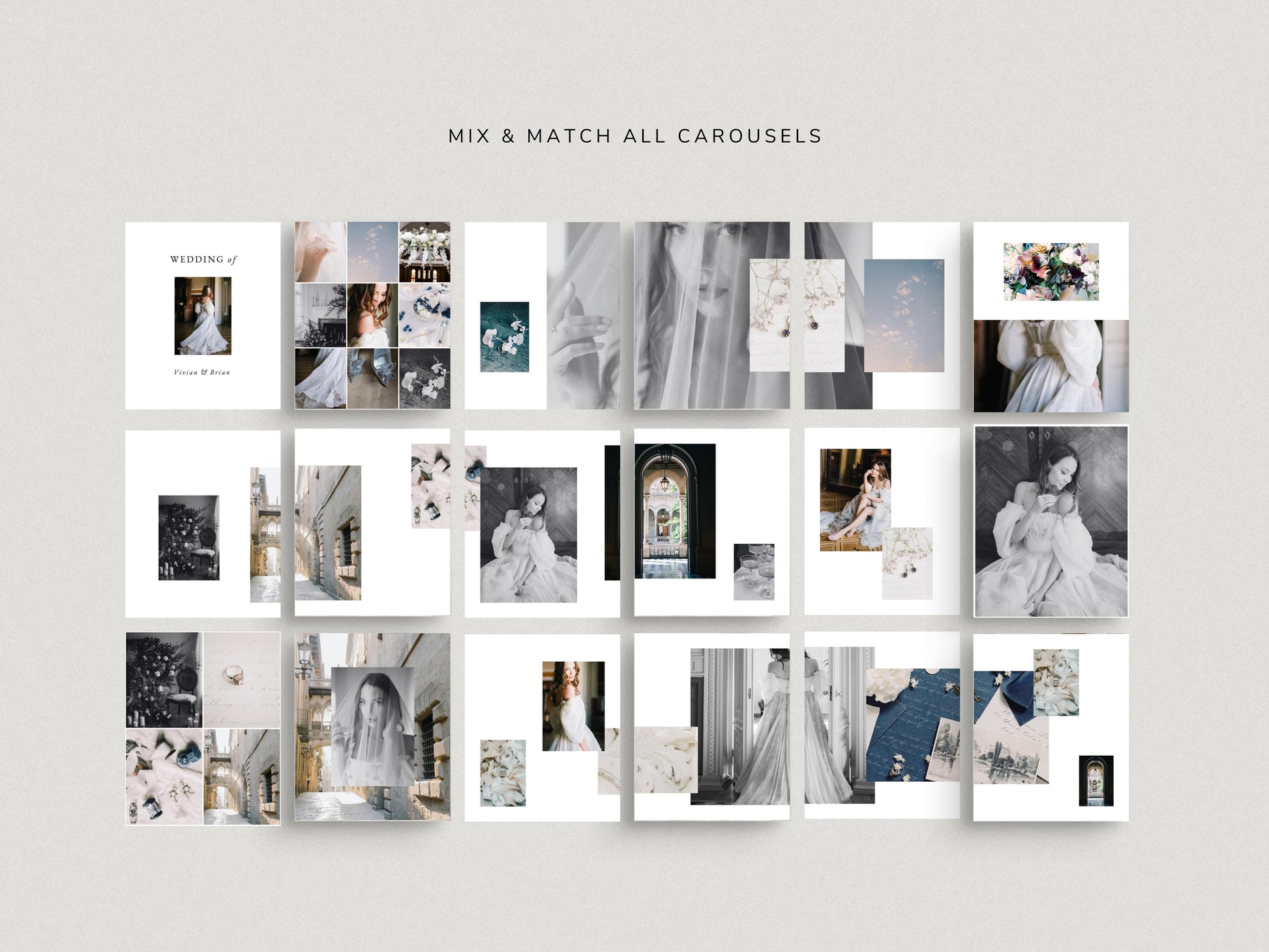 modern timeless minimal social media instagram carousel post templates editable in canva for wedding photographers