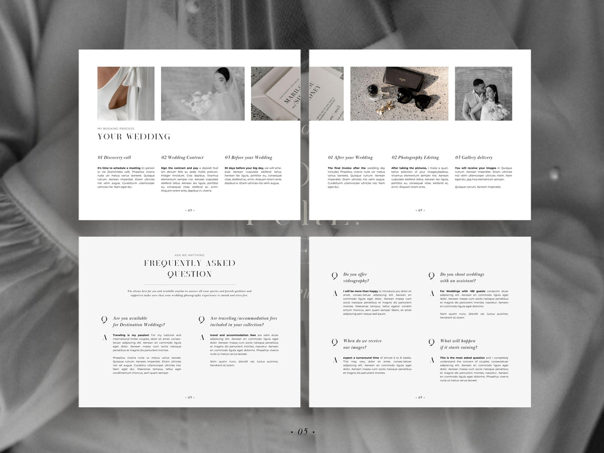 aesthetic modern minimal wedding photography service pricing guide client template editable in canva by white tint design