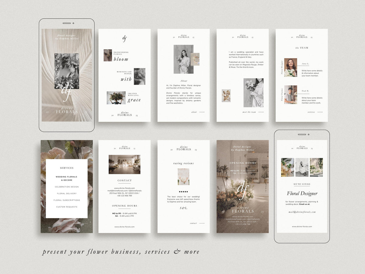 modern timeless minimal instagram bundle template editable in canva for wedding florists and floral designer social media template, instagram story and post template