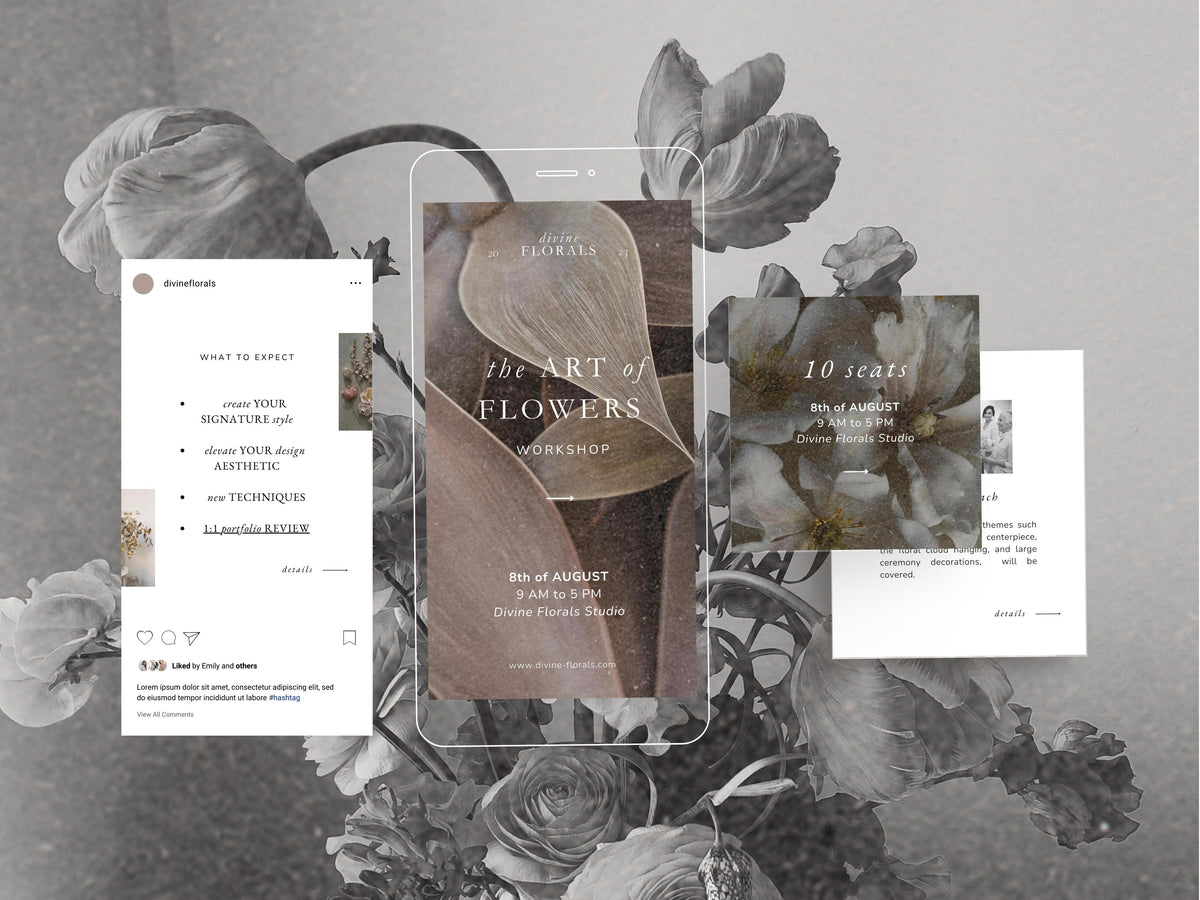 modern timeless minimal instagram post template editable in canva for wedding florists and floral designer social media template with two post carousels