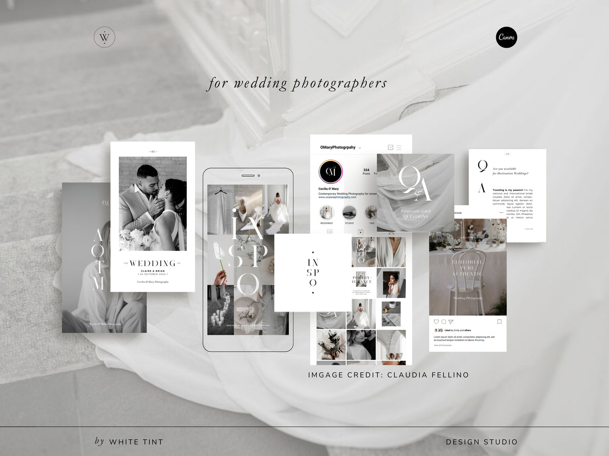 modern minimal canva wedding photography Instagram story template, elegant clean Instagram bundle for wedding photographers, social media bundle by white tint design